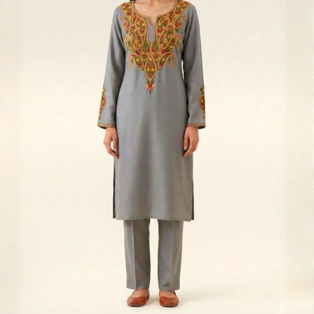Handcrafted Kashmiri Cotton Viscose Kurta with Paisley Embroidered Yoke